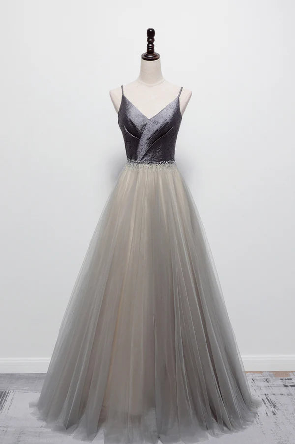 Gray Tulle Long A-Line Prom Dress V-Neck Spaghetti Straps Evening Dress